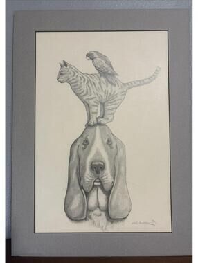 Unique Art Basset Hound, Cat And Bird Signed 1992    22x16” Matted